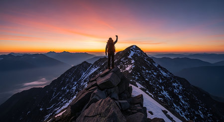 Hiker celebrating success on snowy mountain peak at dawn, vibrant sky.の素材