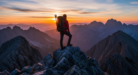 Adventurer on mountain peak at golden sunset overlooking vast landscape.の素材