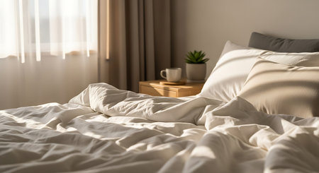 Tranquil bedroom with sunlit, unmade bed and soft white linens. Cozy mood.の素材