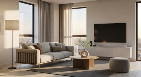 Elegant, minimalist living room with modern furniture, natural light.の素材