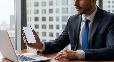 Modern businessman in a professional office setting holding a smartphone with a blank screen, perfect for showcasing apps or content.の素材