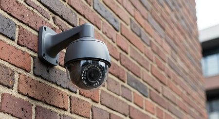Outdoor surveillance system: a contemporary dome camera on a red brick wall.の素材