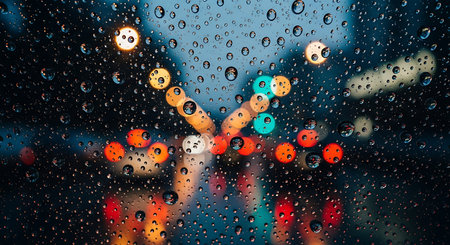 Abstract view of vibrant city lights through a rain-streaked window at night.の素材