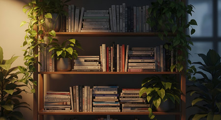 Wooden bookshelf brimming with books, adorned by lush green plants. Inviting ambiance.の素材