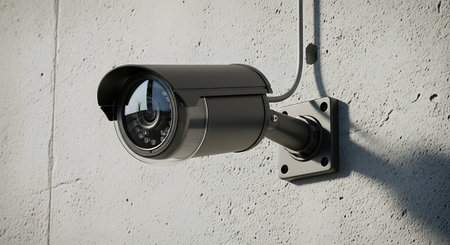 Modern black CCTV camera with IR LEDs mounted on a rugged concrete wall.の素材