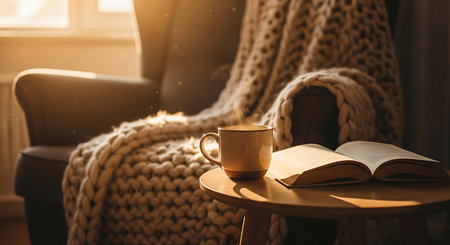 Inviting scene of a comfortable armchair, book, coffee, and blanket.の素材