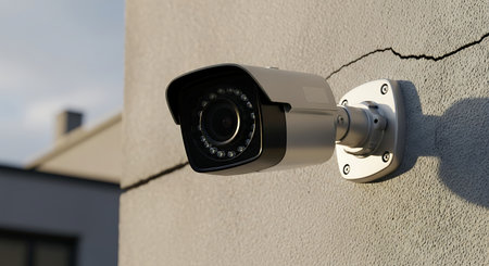 CCTV security camera on the wall of the house, close-upの素材