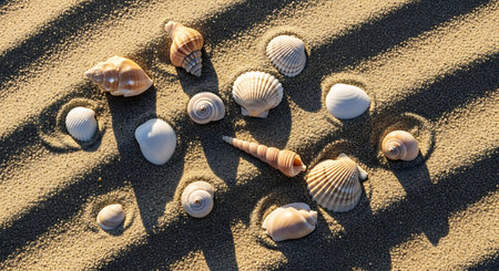 Beautiful seashells scattered on sunlit sand with interesting striped shadows.の素材