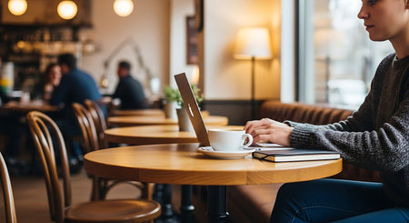 Young woman focused on laptop in a stylish cafe with coffee and notebook.の素材