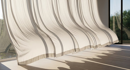 Sheer curtains blowing in soft breeze, sunlit shadows dance on floor, serene.の素材