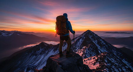 A lone hiker stands on a mountain peak enjoying a stunning sunrise.の素材