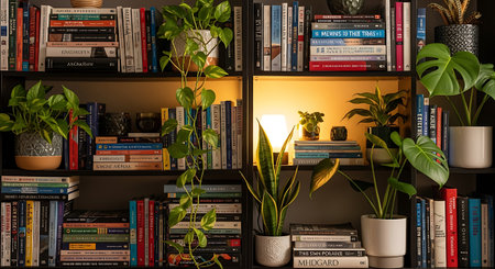 Dark bookshelf with books, houseplants, and warm light. Cozy home library.の素材