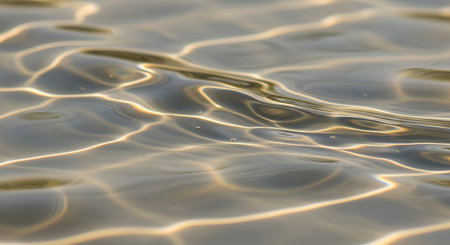 Close-up of golden sunlight dancing on an undulating water surface, creating abstract patterns.の素材
