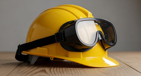 Essential yellow hard hat with safety goggles on a wooden surfaceの素材