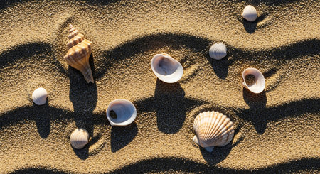 Close-up of diverse seashells scattered on golden beach sand with shadows.の素材