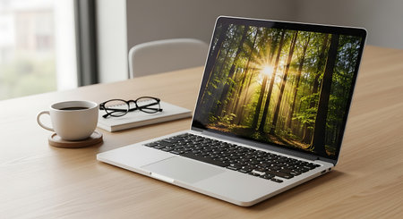 Modern workspace with laptop, coffee, glasses, notebook, and nature screen.の素材