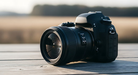 Sleek DSLR camera on a rustic wooden table, outdoors with natural light.の素材