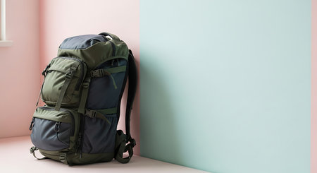 Durable olive green and grey adventure backpack on a clean pastel background.の素材