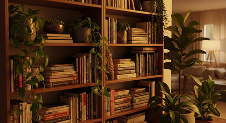 Bookshelf with books and plants in the living room. 3d renderingの素材