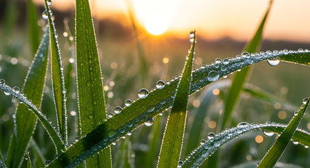 Close-up of sparkling dew drops on vibrant green grass at sunrise.の素材