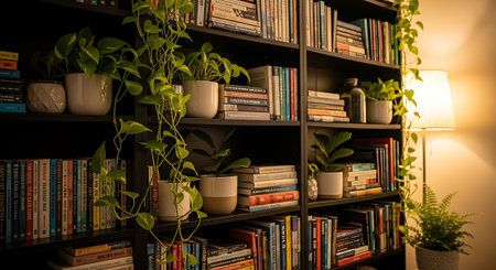 A cozy home library with books, lush plants, and warm lamp light. Relaxing reading nook.の素材