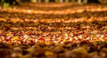 Vibrant golden autumn leaves blanket a sunlit forest path, natural beauty.の素材