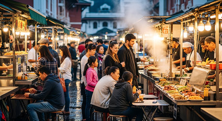 Bustling night market scene with diverse crowd enjoying authentic street food.の素材
