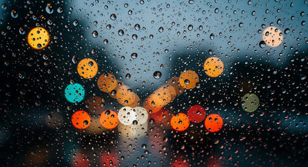 Close-up of raindrops on window glass, featuring blurred city lights bokeh.の素材