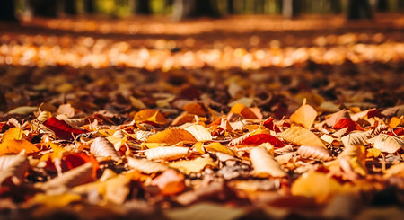 Vibrant autumn leaves blanket the forest floor in golden sunlight.の素材