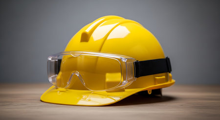 Bright yellow hard hat with clear safety goggles on wood, for workplace safety.の素材