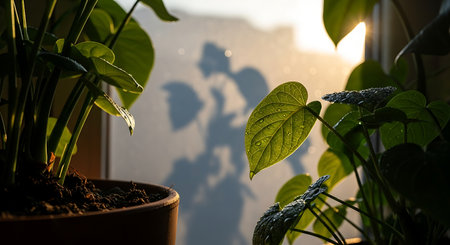 Lush green indoor plants with glistening dew drops bathed in golden morning light.の素材