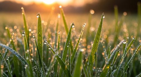 Vibrant green grass with glistening dew drops illuminated by golden sunrise.の素材