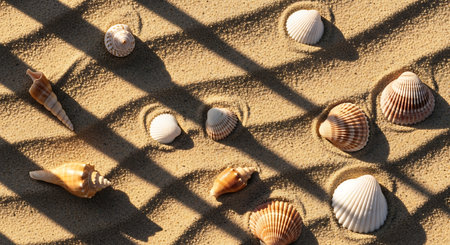 Diverse seashells arranged on sun-kissed sand with striking grid shadows.の素材