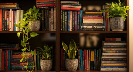 Stylish wooden shelves featuring books and potted plants, a cozy home library decor.の素材