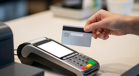Hand making a secure contactless payment at a modern point-of-sale terminal.の素材