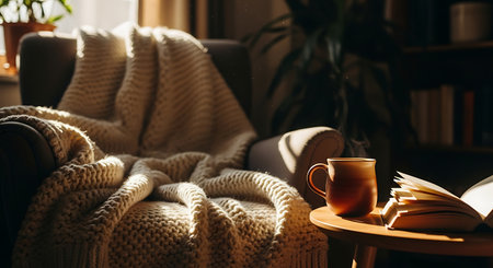 Cozy indoor scene with armchair, knit blanket, book, coffee, and sunlight.の素材