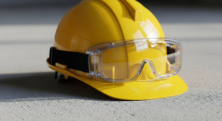 Close-up of a yellow hard hat with safety goggles on a textured concrete surface.の素材