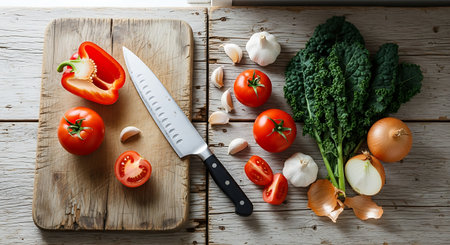 Variety of fresh organic vegetables on rustic wooden background, ready for cooking.の素材