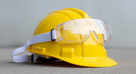 Yellow hard hat and clear safety goggles on concrete surface.の素材