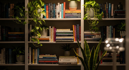 A stylish bookshelf filled with books and various houseplants in a cozy setting.の素材