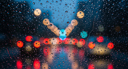 Raindrops on glass with blurred city lights and bokeh, perfect for atmospheric design.の素材