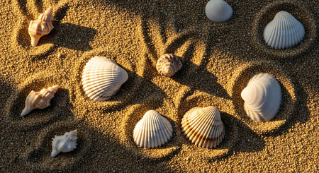 An overhead view of diverse seashells nestled in warm sand with artistic shadows.の素材