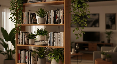 Contemporary wooden bookshelf, lush green plants, books in a cozy living room.の素材
