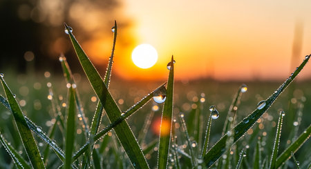 Fresh grass with dew drops close up at sunrise. Nature backgroundの素材