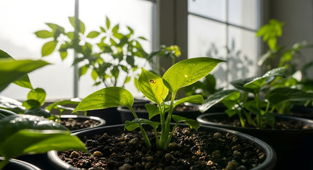 Young seedlings of pepper in a pot on the windowsill.の素材