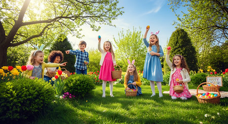 Group of happy children playing in the garden with easter eggs.の素材