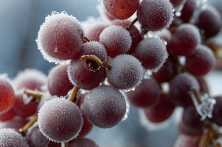Frozen grapes on a branch covered with hoarfrost, macroの素材