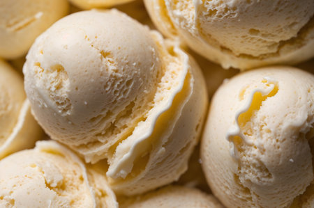 Refreshing close-up of several creamy vanilla ice cream scoops, delicious dessert.の素材
