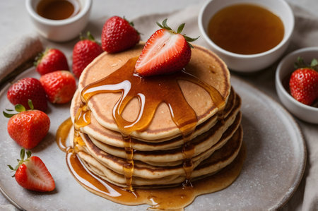 Fluffy golden pancakes topped with fresh strawberries and rich maple syrup, a delightful breakfast.の素材