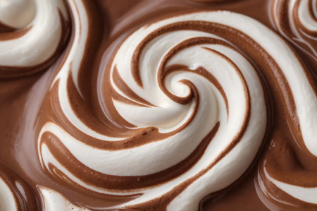Detailed macro shot of an inviting chocolate and vanilla swirl dessert.の素材